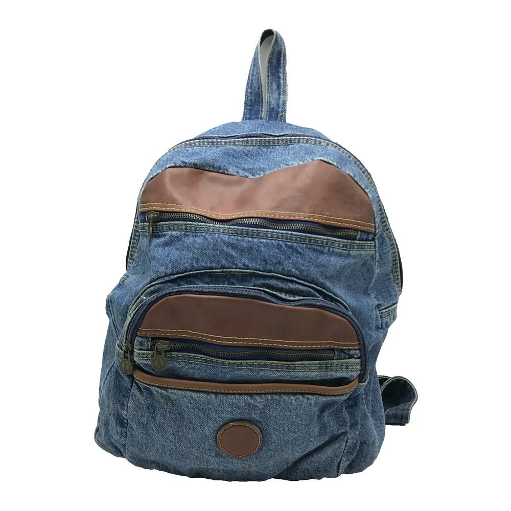 Vintage Riders Blue Jean Denim Backpack Leather Accents Utility Book Bag 90s